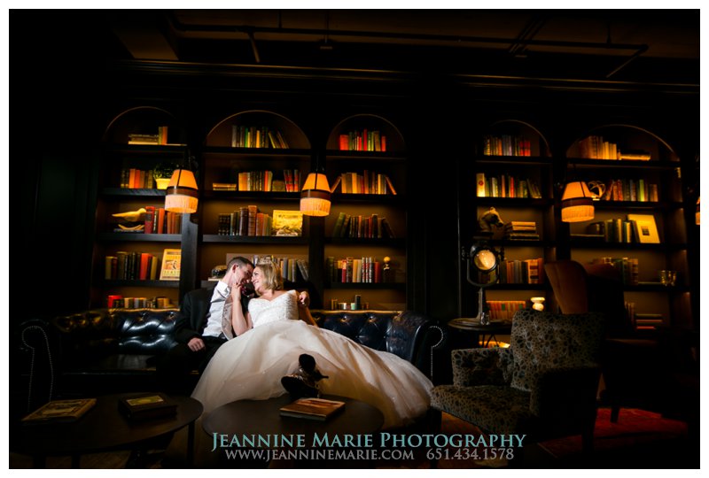 Le Méridien Chambers, library, Minneapolis hotel wedding, bride, groom, portraits