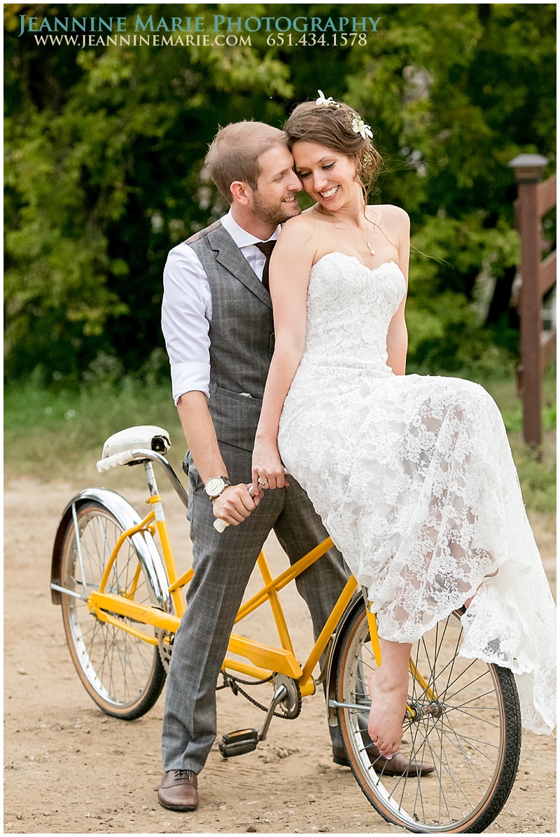 bride and groom on bike, bride and groom poses, outdoor ceremony, Hope Glen Farm, Twin Cities rustic wedding venues, Saint Paul wedding photographer, Jeannine Marie Photography_0830
