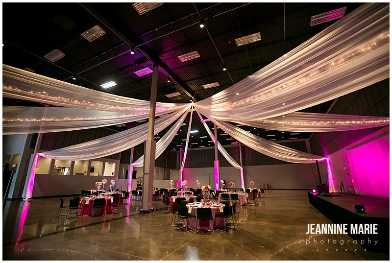 Passions Event Center, ceiling draping, chair, centerpieces, tables, decorations