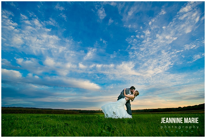 Edgewood Farm, bride, groom, wedding, poses, portraits, dip, outside, outdoors, sky, clouds, grass