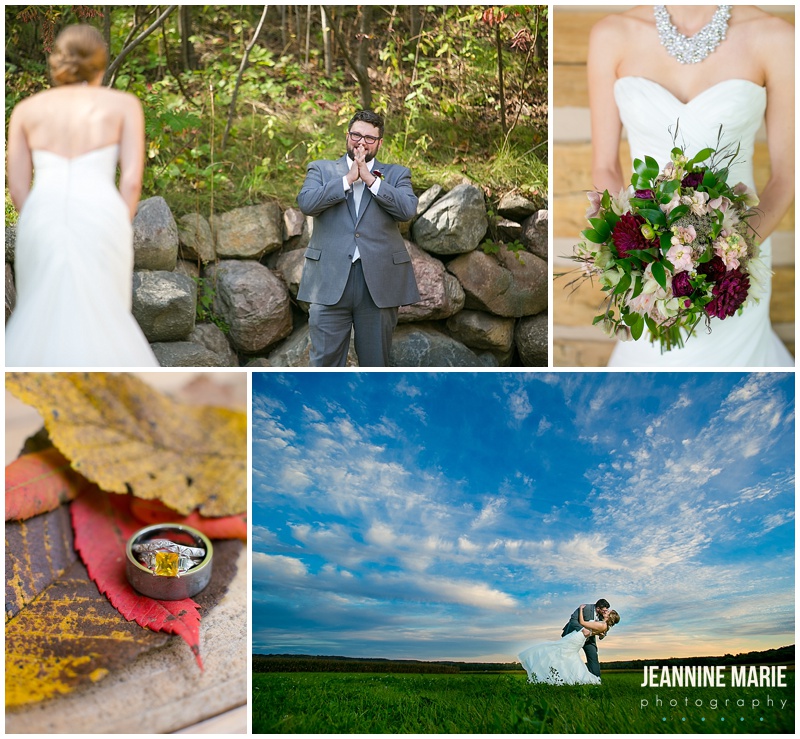 Edgewood Farm, bride, groom, first look, bridal bouquet, flowers, rings, leaves, ring shot, fall wedding, sky, grass, dip, kiss