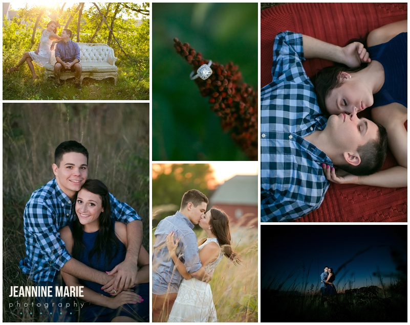 engagement session, engagement photos, couch, park, field, trees, outside, rings, ring shot, night shot, kiss, couple, poses