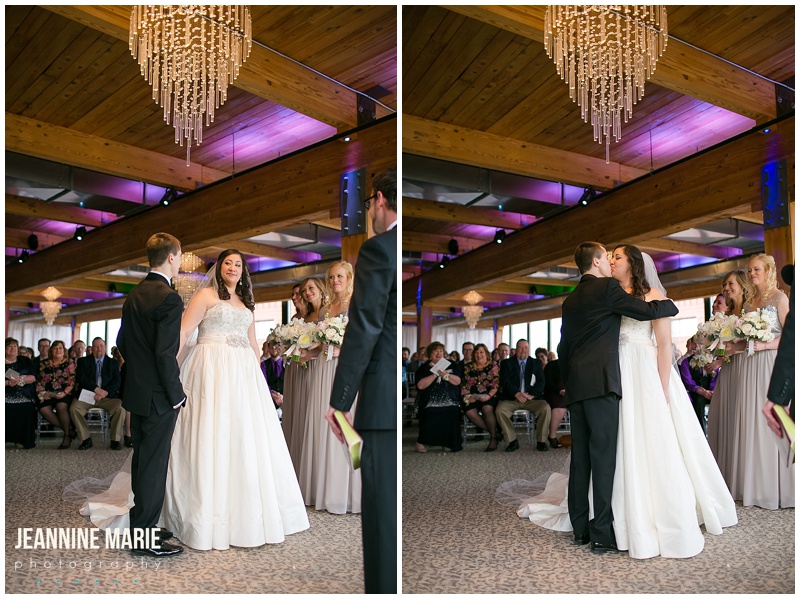 A'BULAE, indoor wedding, bride, groom, chandelier, kiss, winter wedding
