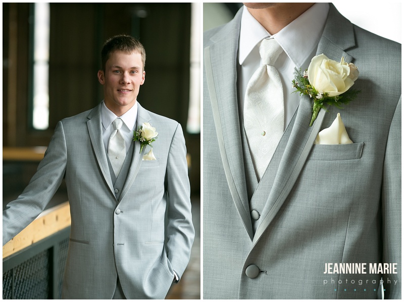 Clyde Iron Works, groom, boutonniere, gray suit, Duluth wedding