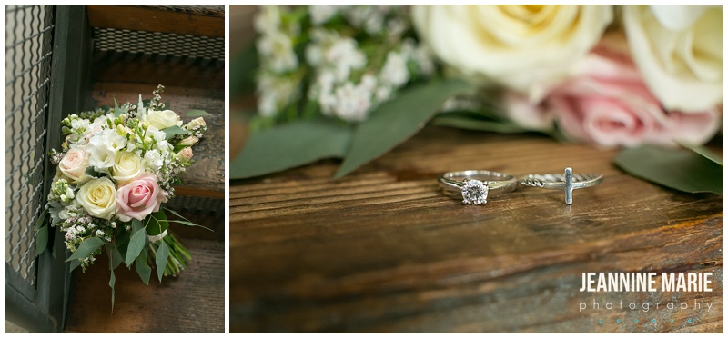 bridal bouquet, flowers, rings, ring shot, wedding, wedding photos, Duluth wedding, Clyde Iron Works