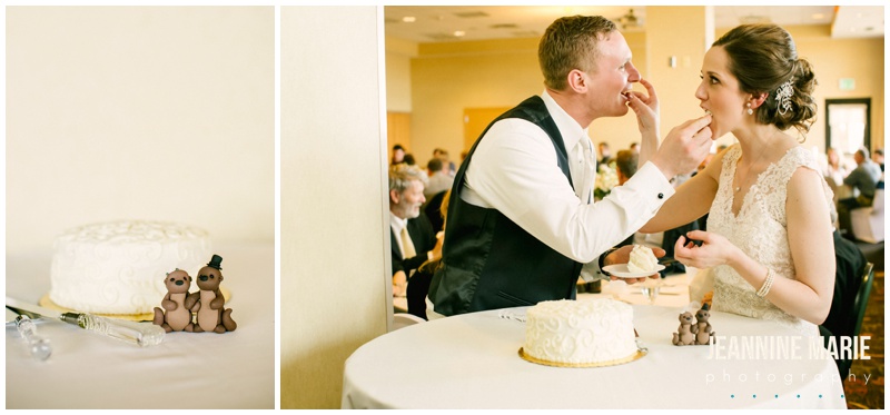 cake, wedding cake, cake toppers, bride, groom, cake cutting, wedding reception, wedding, Bemidji wedding, hotel wedding, Hampton Inn, Minnesota wedding