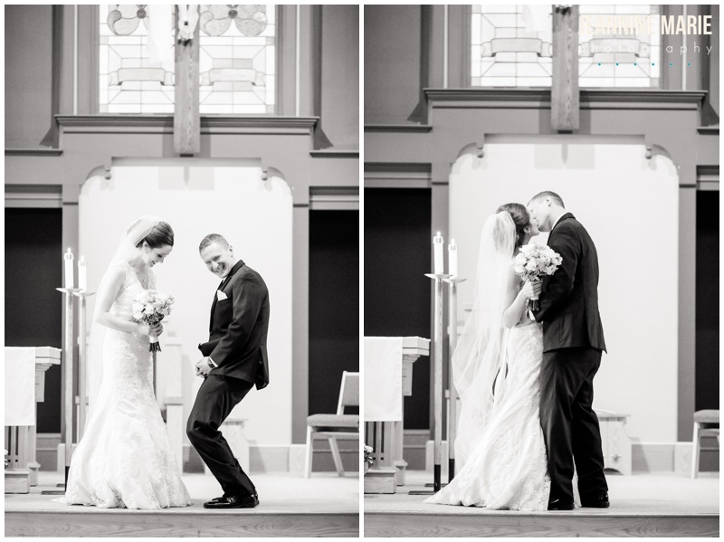 church wedding, Bemidji wedding, Minnesota wedding, indoor wedding, groom, bride, kiss, wedding ceremony 