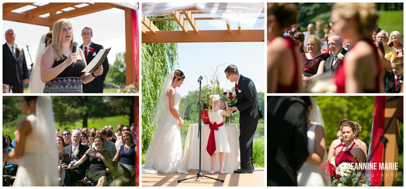 Majestic Oaks Golf Club, summer wedding, outdoor wedding, pergola ceremony, wedding ideas, red wedding, red bridesmaids, bride, groom, wedding ceremony