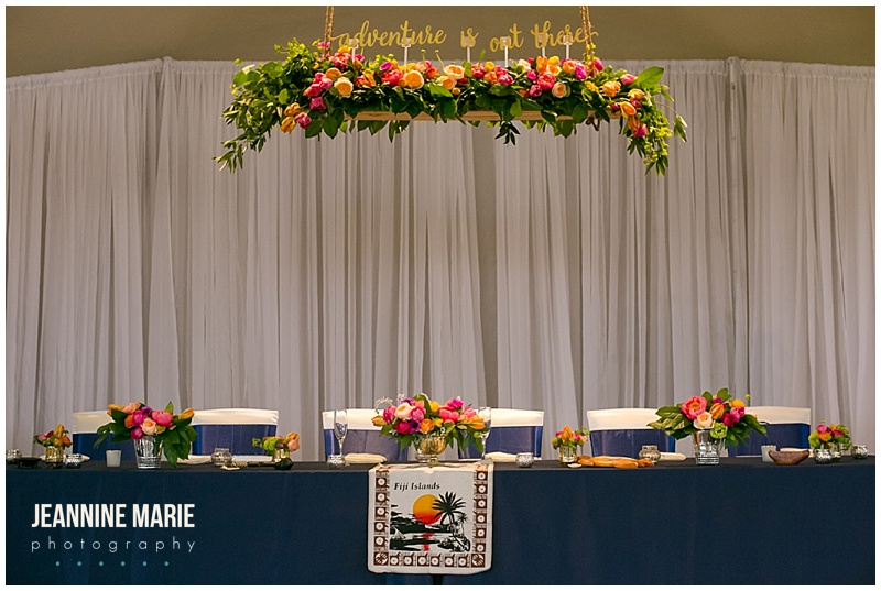 Harriet Island Pavilion, head table, wedding, wedding decor, flowers, floral, summer wedding, greatest adventure, travel themed wedding, around the world wedding, wedding decor