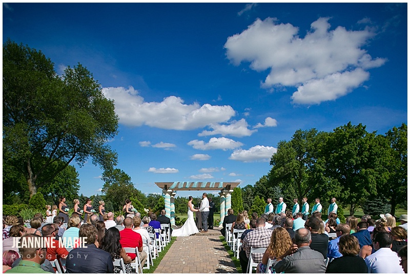 Brackett's Crossing, wedding, wedding ceremony, outdoor wedding, summer wedding, blue sky, bride, groom