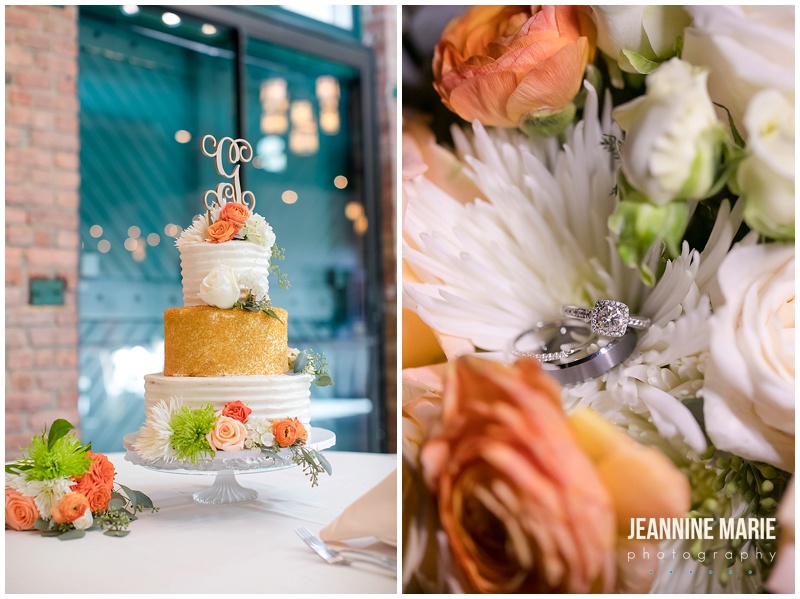 Nicollet Island Pavilion, wedding, Minneapolis wedding, wedding reception, wedding decor, floral centerpieces, centerpieces, table numbers, wedding ideas, wedding cake, ring shot, flowers, floral, cake floral