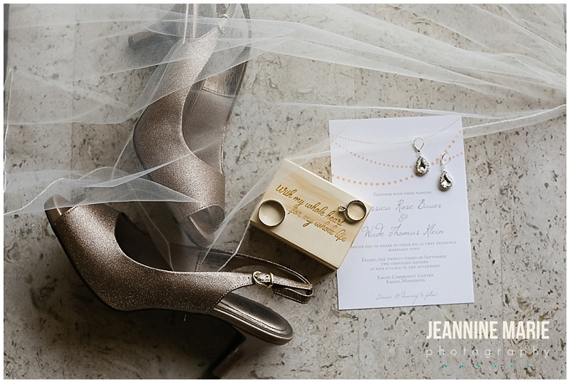 Eagan Community Center, Minnesota wedding, wedding, bridal accessories, bridal shoes, wedding invitation, earrings, ring box, engagement ring
