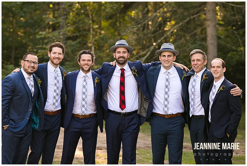 groom, groomsmen, navy suits, plaid ties, Camp Thunderbird, Lumberjack wedding, camping wedding, woodsy wedding, wedding in the woods, Bemidji wedding, Bemidji wedding photographer, Minnesota wedding photographer, Jeannine Marie Photography, summer wedding, plaid wedding, outdoor wedding, Up North wedding, Northern Minnesota wedding, Jewish Wedding, KD Floral, Fozzies BBQ, The Lost Walleye Orchestra, The Party Store, Crystal Greene, Anthropologie, Minnesota wedding