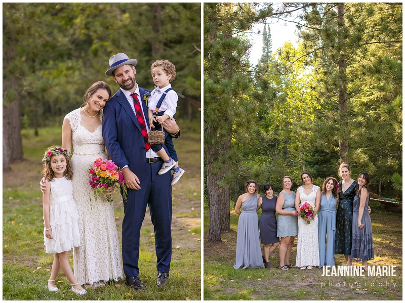 bride, groom, wedding party, bridesmaids, ring bearer, flower girl, bridal bouquet, pink flowers, Camp Thunderbird, Lumberjack wedding, camping wedding, woodsy wedding, wedding in the woods, Bemidji wedding, Bemidji wedding photographer, Minnesota wedding photographer, Jeannine Marie Photography, summer wedding, plaid wedding, outdoor wedding, Up North wedding, Northern Minnesota wedding, Jewish Wedding, KD Floral, Fozzies BBQ, The Lost Walleye Orchestra, The Party Store, Crystal Greene, Anthropologie, Minnesota wedding