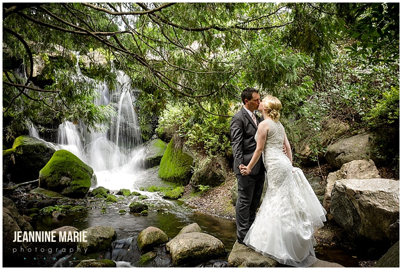 waterfall, small waterfall, garden, bride, groom, kiss, wedding portraits, Minnesota Landscape Arboretum, Hazeltine National Golf Course, Petit Four FIlms, KMB Floral, The Thirsty Whale Bakery, Illuminations by Lori Cole, Instant Request DJ, SM Hair and Makeup, The Wedding Shoppe, Men's Wearhouse, outdoor wedding, garden wedding, blush wedding, Minnesota wedding venues, Twin Cities wedding venues, Minnesota wedding photographer, Saint Paul wedding photographer, Jeannine Marie Photography