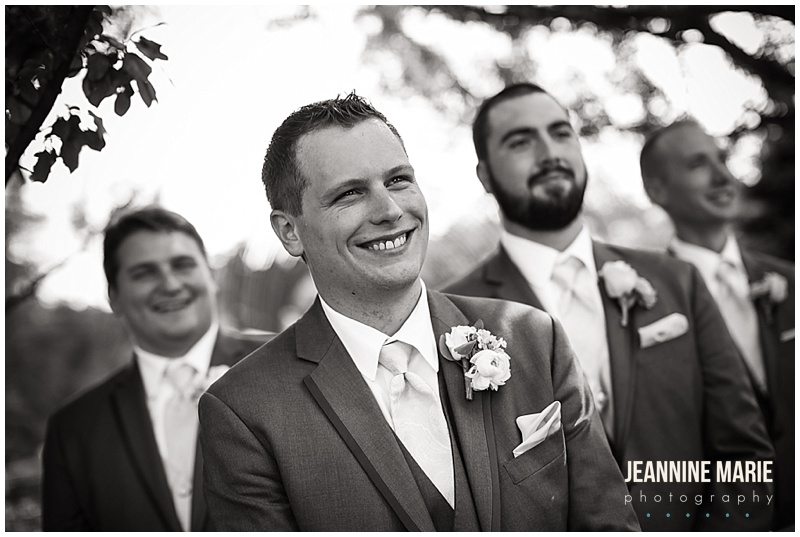 groom, groomsmen, smiling, portraits, Minnesota Landscape Arboretum, Hazeltine National Golf Course, Petit Four FIlms, KMB Floral, The Thirsty Whale Bakery, Illuminations by Lori Cole, Instant Request DJ, SM Hair and Makeup, The Wedding Shoppe, Men's Wearhouse, outdoor wedding, garden wedding, blush wedding, Minnesota wedding venues, Twin Cities wedding venues, Minnesota wedding photographer, Saint Paul wedding photographer, Jeannine Marie Photography