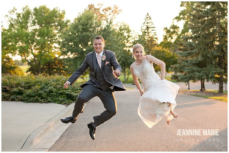 bride, groom, jump, click heels together, wedding portraits, fun wedding portraits, Minnesota Landscape Arboretum, Hazeltine National Golf Course, Petit Four FIlms, KMB Floral, The Thirsty Whale Bakery, Illuminations by Lori Cole, Instant Request DJ, SM Hair and Makeup, The Wedding Shoppe, Men's Wearhouse, outdoor wedding, garden wedding, blush wedding, Minnesota wedding venues, Twin Cities wedding venues, Minnesota wedding photographer, Saint Paul wedding photographer, Jeannine Marie Photography
