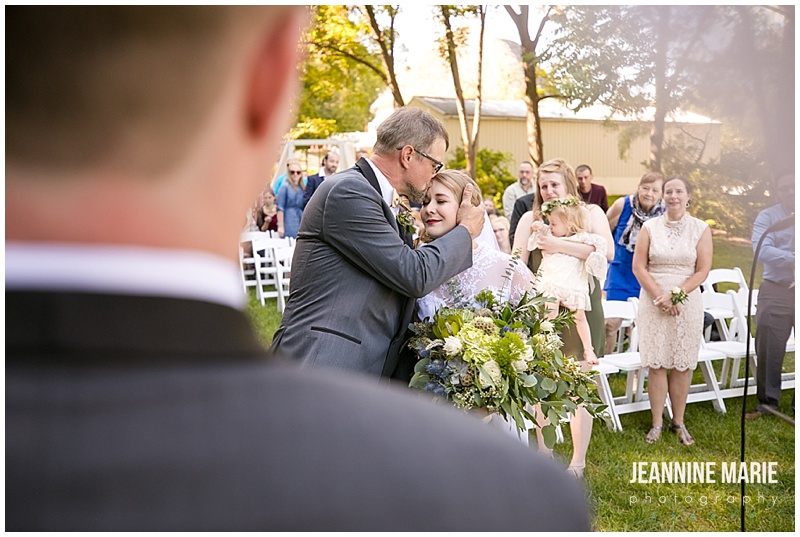 father of the bride, bride, kissing forehead, giving away the bride, wedding ceremony, The Round Barn, Jeannine Marie Photography, Minnesota wedding photographer, Saint Paul wedding photographer, barn wedding, farm wedding, rustic wedding, Minnesota barn wedding, Minnesota farm wedding, vintage wedding gown, vintage wedding, Heather Rosales, Artemisia Studios, A'Britin Catering, Valley Pastries, Midwest Sound, Roadkill, Liana Harding, Katie Brown Studios, JenMar Creations, DSW, ShowMeYourMumu, Savvi Formalwear, Minnesota Coaches, wedding inspiration, Minnesota wedding, Round Barn Farm wedding photographer, outdoor wedding, field wedding, September wedding, Minnesota Bride, Midwest Bride