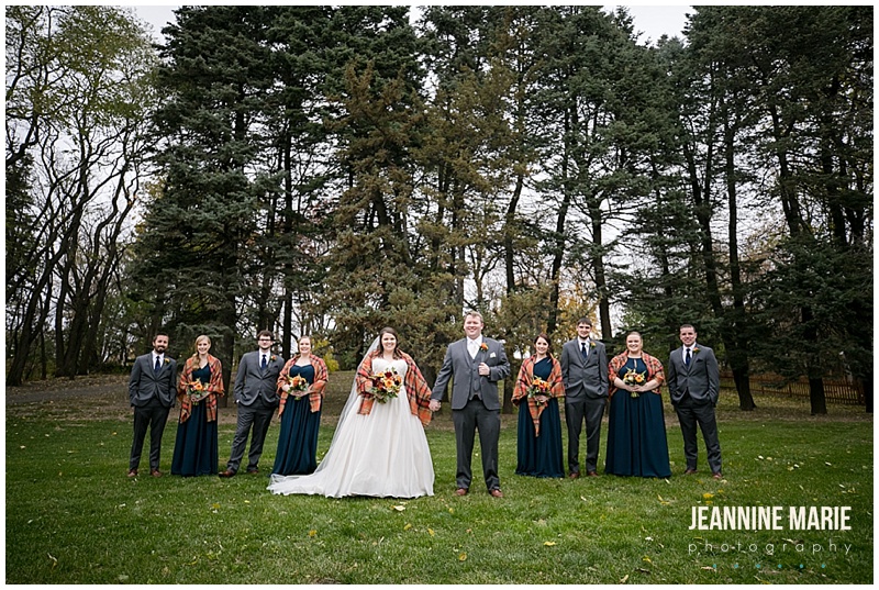 bride, groom, navy bridesmaids dresses, groomsmen, gray suits, navy ties, fall wedding, navy wedding, church wedding, Grace Lutheran Church, The Pavilion at Lake Elmo, Lakeside Floral, Lunds & Byerlys, Bellagala, Salon Ultimo, Luxe Bridal, Azazie, The Foursome, November wedding, Jeannine Marie Photography, Minnesota wedding photographer, Saint Paul wedding photographer